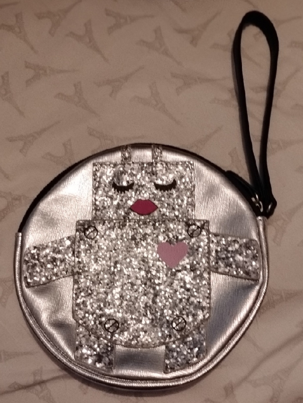 Betsey Johnson Luv Betsey Silver Glitter Robot Wristlet Bag 6"W x 1"D NWOT